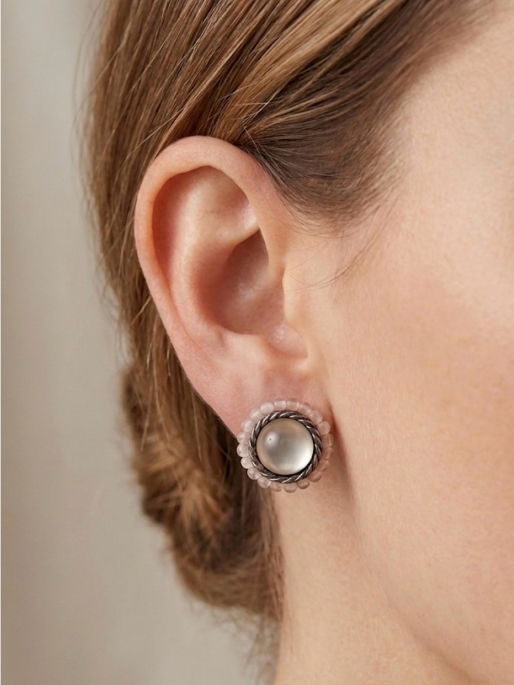 Vintage 60s Moonstone Blush Pink Bead Trim Silver Twist Round Clip Earrings